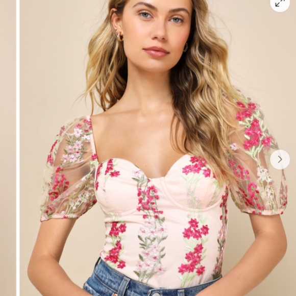 LULU's Sexy Romantic Chic Floral Date Night Puff Sleeve Bodysuit - Picture 1 of 6